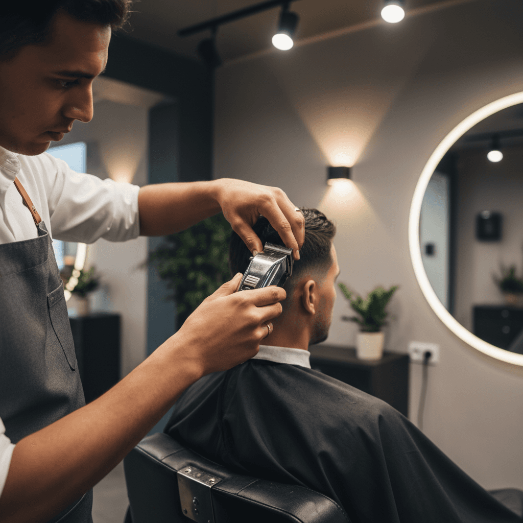 Professional barber providing quality grooming service to customer in modern barbershop